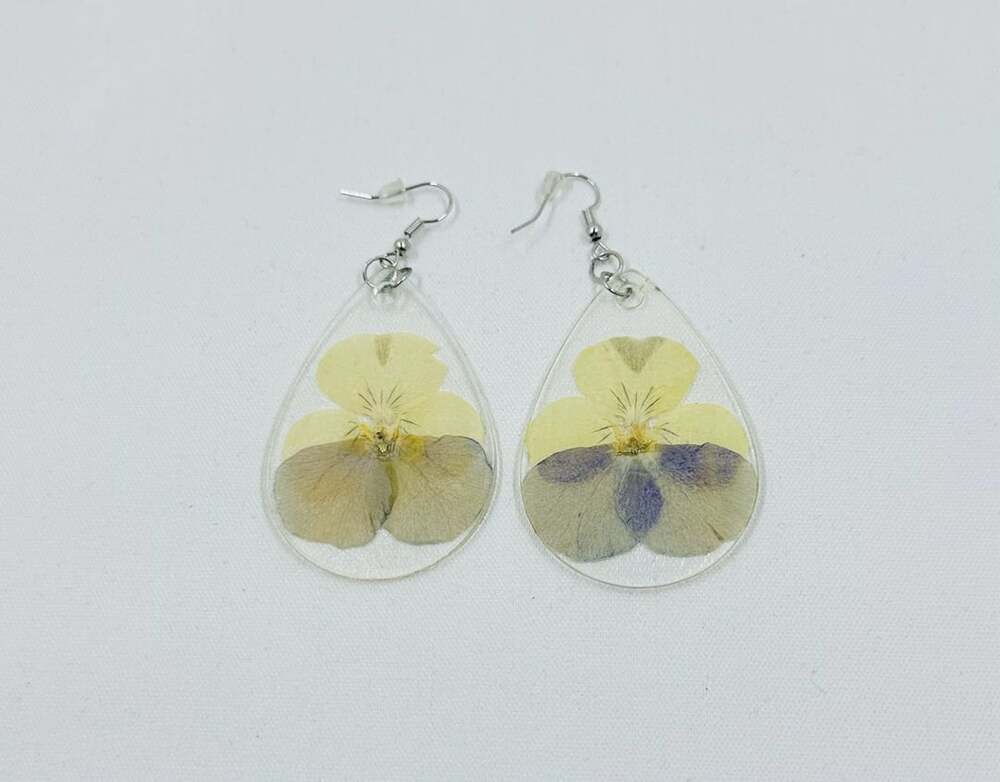 Real Pressed Yellow Pansy Flower Teardrop Resin Earrings with Silver Hooks